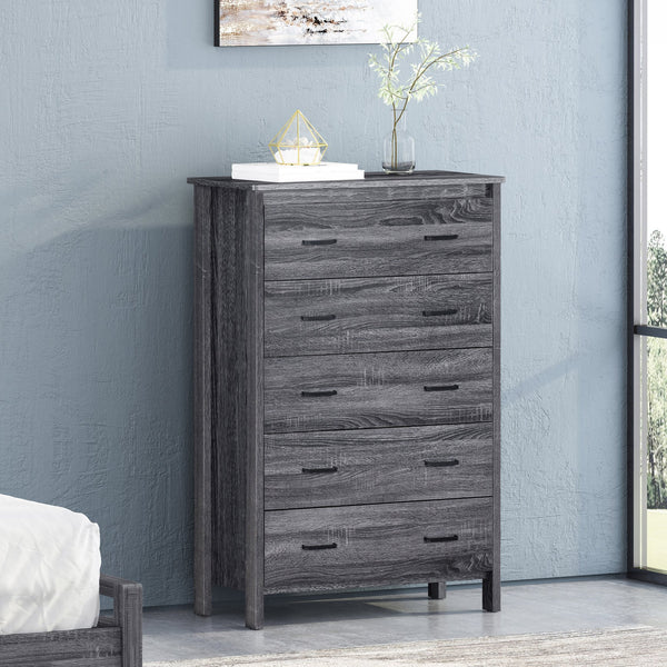 English Elm Christopher Knight Home® - Toolless 5-Drawer Chest with Faux Wood Finish, Moisture-Resistant MDF, Sleek Bar Handles, Compact Storage DARK GREY 72039.00SONGRY