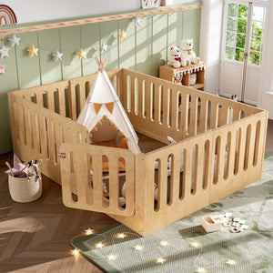 English Elm Queen Solid Pine Montessori Floor Bed for Kids with House Frame and Built-in Door Natural W5305P420640