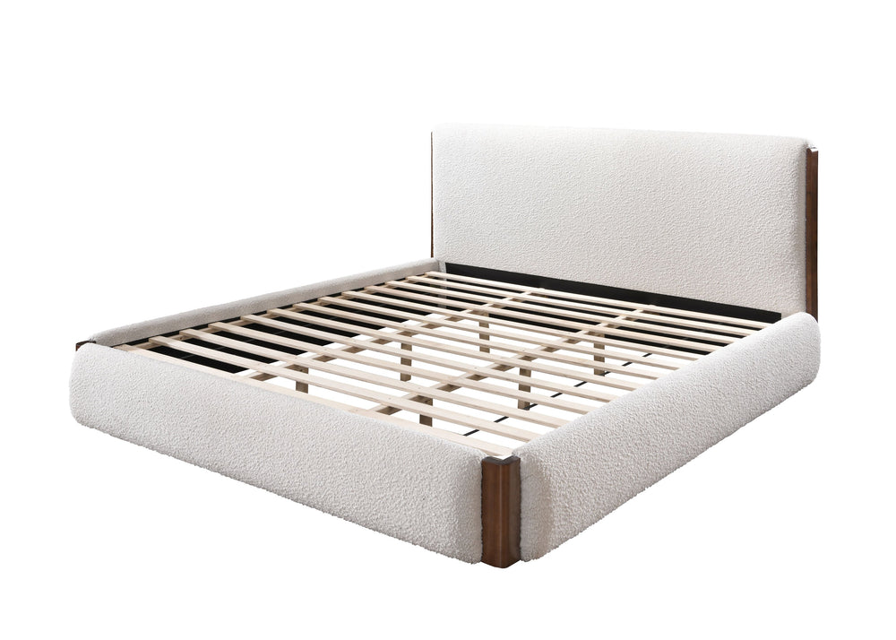 English Elm Sandro Upholstered Bouclé Bed Frame with Solid Wood Base, Foam-Padded Slats for Supportive Comfort Walnut,White 79 L x 14 W x 7 H B2726S00264