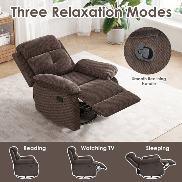 English Elm Small Rocker Swivel Recliner Chair with 360° Swivel, 30° Rocking and Adjustable 90–150° Recline Comfortability Chocolate T3623P380414