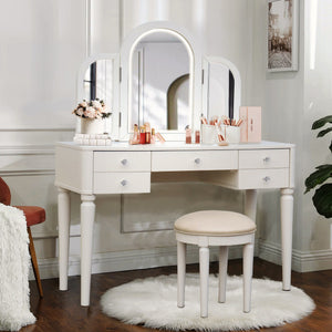 English Elm AGODY Mirrored Vanity with LED Light and Solid Rubber Wood Frame, Skin-Friendly PU Seat for Bedroom Antique White W2170P208420