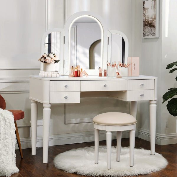 English Elm AGODY Mirrored Vanity with LED Light and Solid Rubber Wood Frame, Skin-Friendly PU Seat for Bedroom Antique White W2170P208420