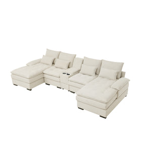 English Elm 130" U-shaped Sectional Sofa Six Seat Linen Upholstered with Built-in Console and Chaise Beige W1117S00271