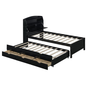 English Elm Twin LED Platform Bed with Trundle and Under-Storage Drawers, Flip-Up Headboard, USB Ports Espresso N820S10008D