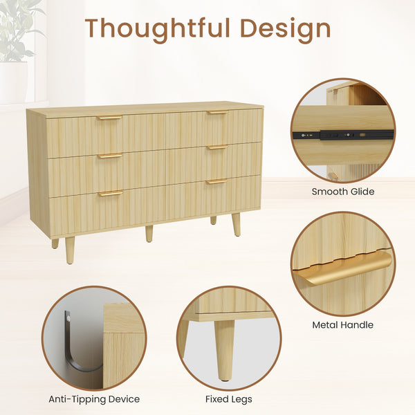 English Elm 6 Drawer Fluted Wood Dresser Natural Finish Compact Chest for Nursery or Bedroom T3773P415651