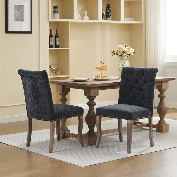 English Elm Upholstered Chenille Tufted Dining Chairs Set of 2 with Curved Wood Legs Club Style Black W1143P457781