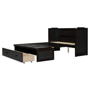 English Elm Full Size Wall Murphy Bed Cabinet with Storage Drawer and Built-in Usb Charging Espresso N708P205903P