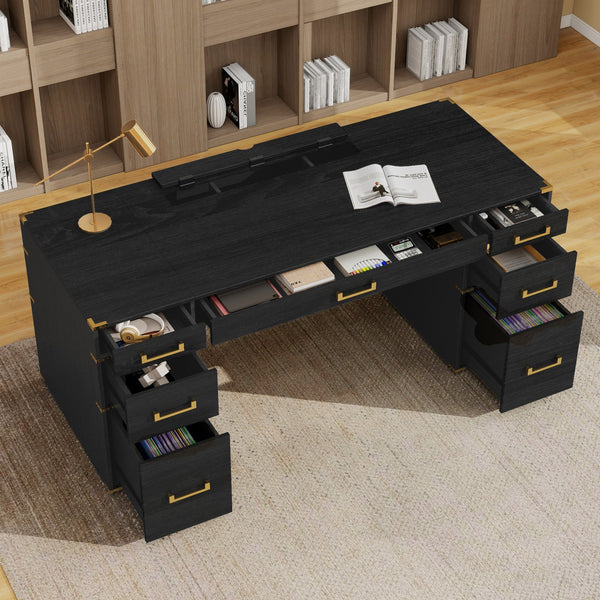 English Elm 70" Executive Writing Desk with Gold Metal Trim Seven Drawers and Built-in Power Outlets N751S376579B