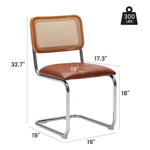 English Elm Kitchen Mid-Century Dining Chairs Set of 2 with Rattan Backrest, Cantilever Aluminum Legs, 300lb Capacity Brown PU T3623P408464