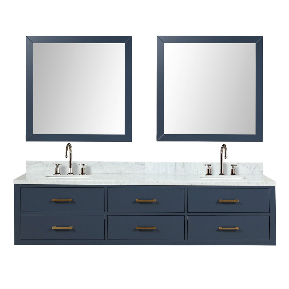 English Elm Blue Double Bath Vanity Set With Carrara Marble Top, Chrome Faucets & 36" Mirrors - Elegant Style! B2731S01837