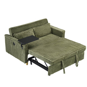 English Elm The pull-out corduroy sofa bed with convertible tabletop and USB charging ports for living room comfort Green W1278P248128