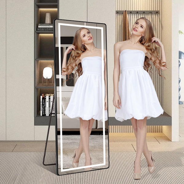 English Elm 64 64 inch x 21 inch LED Full-Length Mirror with Adjustable Stand & Wall Mount, 3-Temp Dimmable Black W2709P305306