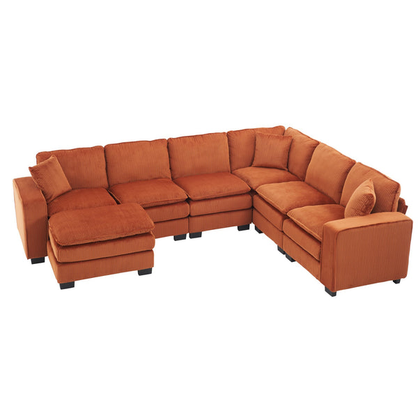 English Elm Modern U Shaped 6-Seat Sectional Sofa with Ottoman and 3 Toss Pillows, Corduroy Modular Comfort and Durable Frame Orange W2363S00043