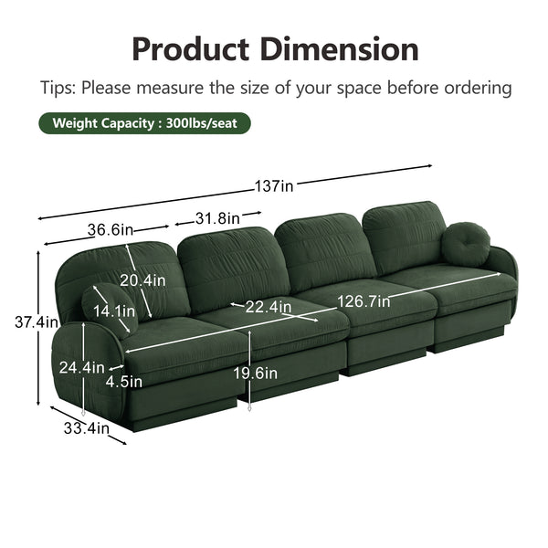 English Elm 137"chenille Cloud Sofa Deep Seat Four Seater with Quilted Cushions for Living Room Green W714S01771