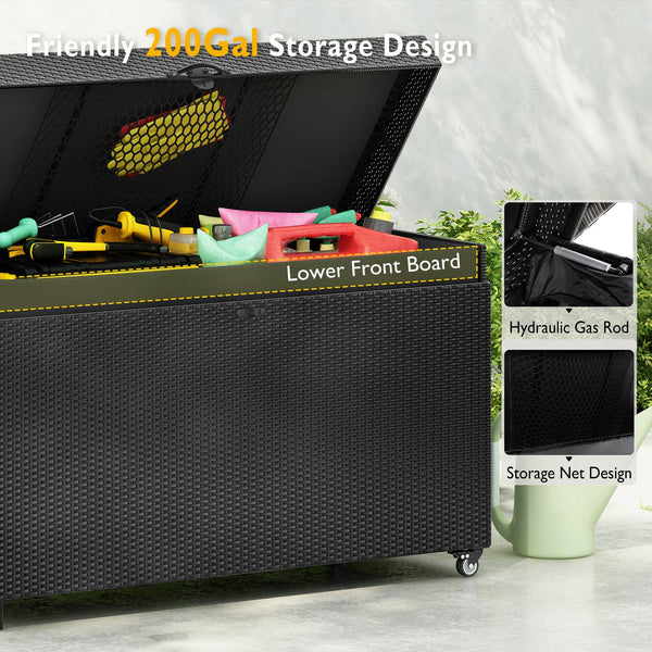 English Elm K&K 200 Gallon Wicker Deck Box with Lockable Lid, Hydraulic Pistons, Wheels, Weatherproof Storage Black N707P245457B