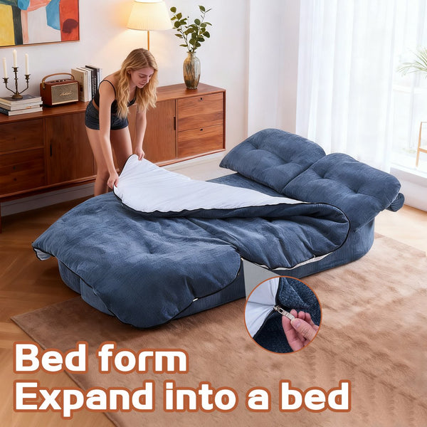 English Elm Modern Curved Floor Sofa Bed with 2 Pillows, No Assembly, High-Density Foam, Foldable Quilt Storage Dark Blue W3565P371223