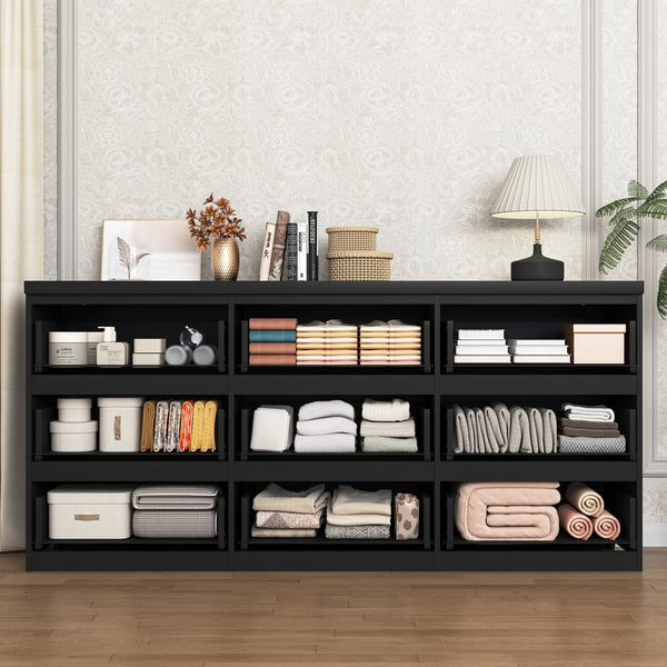 English Elm 9 Drawer Matte Black Dresser Push Open Handleless Design Wide Bedroom Storage Chest W409P334005
