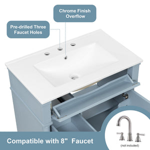 English Elm 30" Freestanding Bathroom Vanity Rubberwood Frame Ceramic Sink Flip Drawer Storage Blue+Grey N725P356062E