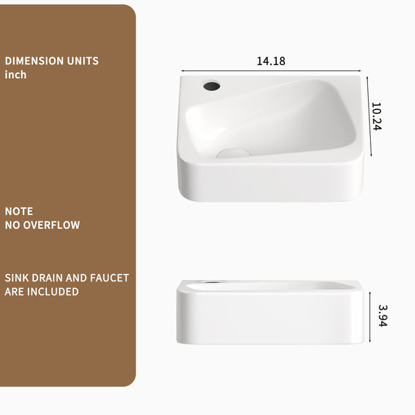 English Elm Floating Wall Mounted Ceramic Bathroom Sink Compact Rectangle White Porcelain Vanity W3402P362900