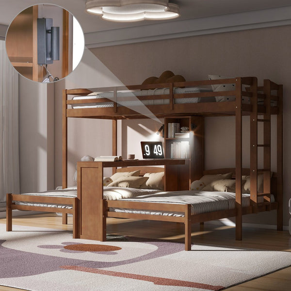 English Elm Twin Triple Bunk Bed with Built in Desk Open Shelving and Led Task Lighting Natural N7090002243N