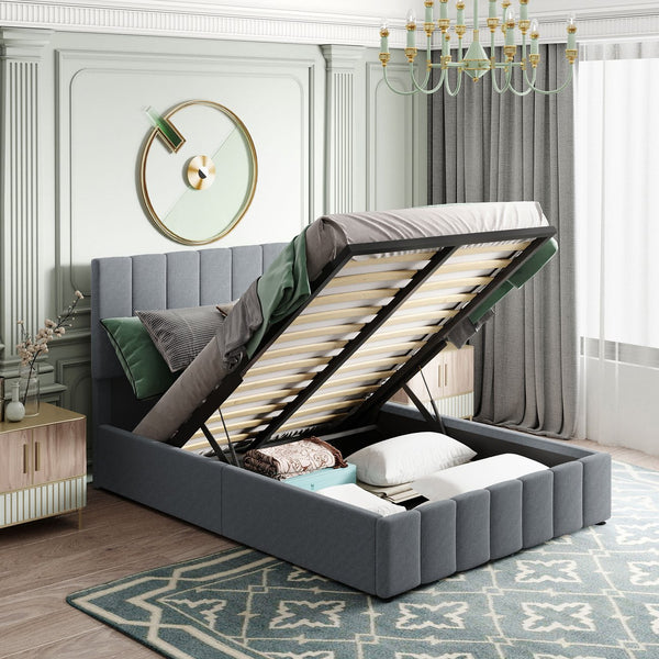 English Elm Full Size Linen Upholstered Platform Bed with Hydraulic Lift Storage and Foam Headboard N708P201551E