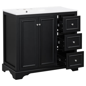 English Elm 36'' Transitional Bathroom Vanity with Ceramic Sink, Solid Wood Frame, Adjustable U-Shelf & Soft-Close Doors Black N729P292966B