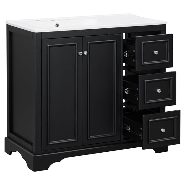 English Elm 36'' Transitional Bathroom Vanity with Ceramic Sink, Solid Wood Frame, Adjustable U-Shelf & Soft-Close Doors Black N729P292966B