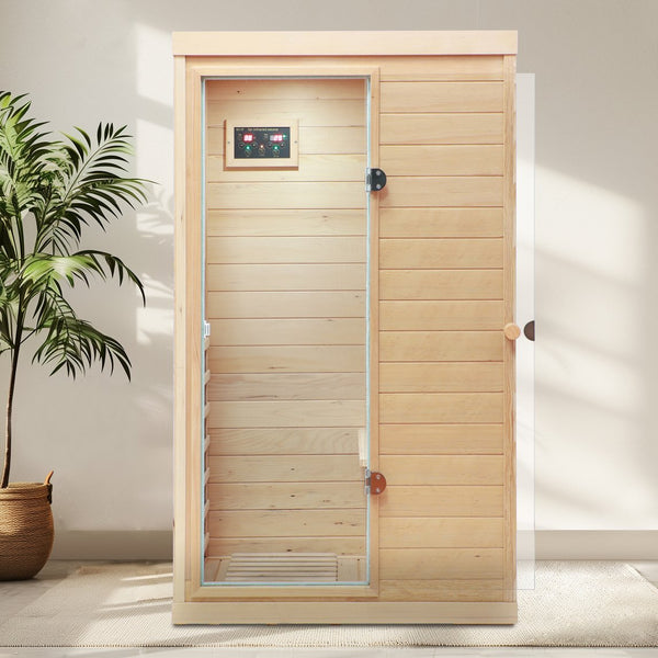 English Elm Hemlock Wood Single Person Far Infrared Sauna with Bluetooth Speaker and Glass Door W632S00007