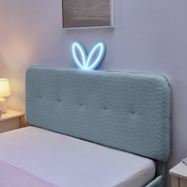 English Elm Queen Boucle Upholstered Kids Bed with Rabbit Ear Headboard Led Lighting Storage Drawers Navy W1413P384928
