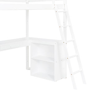 English Elm Twin Loft Bed with Built-in Desk Shelves and Drawer White Pine Study Zone LT100225AAK-1
