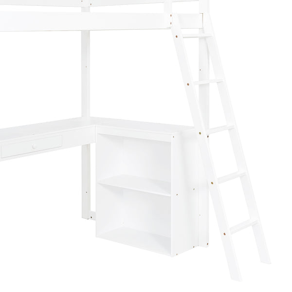 English Elm Twin Loft Bed with Built-in Desk Shelves and Drawer White Pine Study Zone LT100225AAK-1