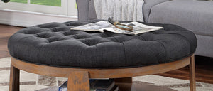 English Elm Round Wire-Brushed Coffee Table 40¾" Dia Rustic Natural Tone with Button-Tufted Padded Seat & Open Shelf B2741P360142