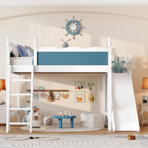 English Elm Twin Loft Bed Solid Pine Frame with Wardrobe Shelving Detachable Slide Kids Room White+Blue W5305S00024