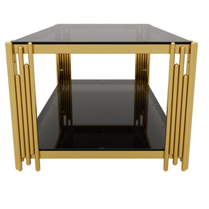 English Elm Modern Glam Rectangular Coffee Table with Mirrored Top Gold Sculptural Frame Open Shelf Black N735P380099B