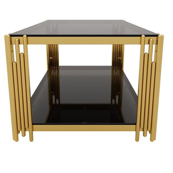English Elm Modern Glam Rectangular Coffee Table with Mirrored Top Gold Sculptural Frame Open Shelf Black N735P380099B