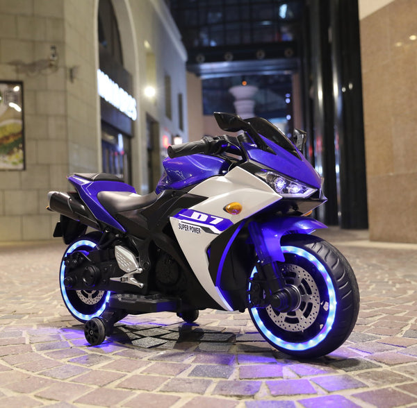 English Elm Electric Ride on Motorcycle for Kids with Light up Wheels Bluetooth and Twist Throttle Blue W1760P177914