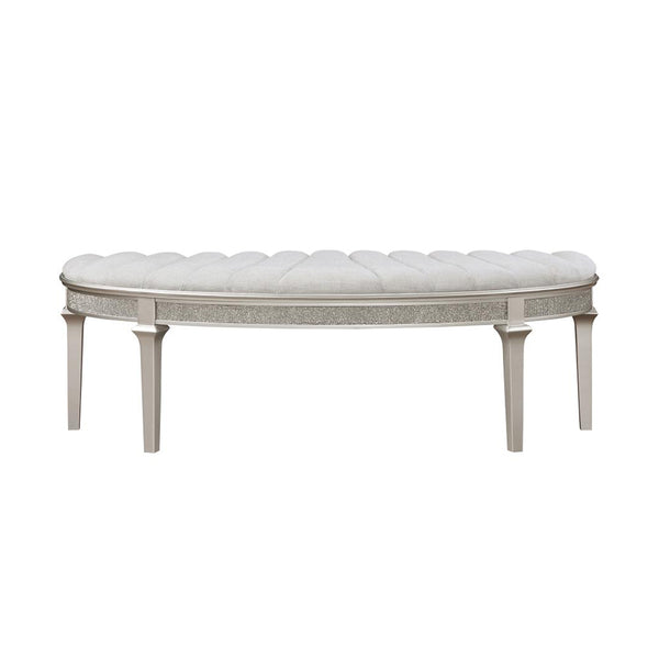 English Elm Curved Demilune Fabric Bench with Ivory Channeled Tufting and Silver Oak Tapered Legs — Elegant Accent Seat B016P369978