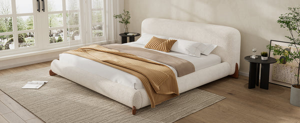 English Elm King Boucle Upholstered Platform Bed Sculpted Headboard Solid Wood Legs Bedroom N757K333334W