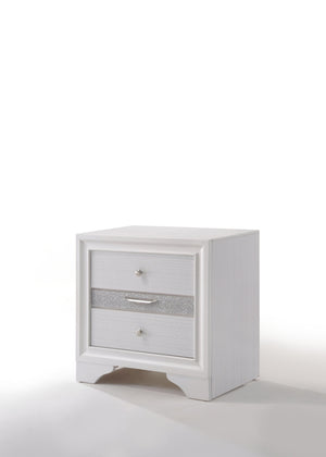 English Elm Naima White Finish Nightstand with Jewelry Drawer, Glitter Trim, Silver Knobs & Curved Legs, Compact Elegance B2726P261238