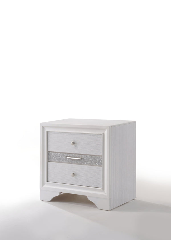 English Elm Naima White Finish Nightstand with Jewelry Drawer, Glitter Trim, Silver Knobs & Curved Legs, Compact Elegance B2726P261238