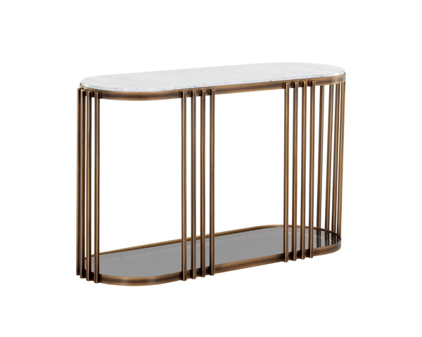 Sunpan Naxos Console Table - Elegant Carrara Marble Top & Rustic Bronze Frame, Perfect for Any Space!