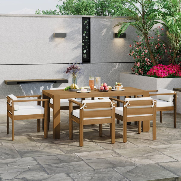 English Elm Trexm Acacia Wood Outdoor Dining Set Seats Six with Washable Cushions Umbrella Ready Beige,Light Teak TM000022AAD
