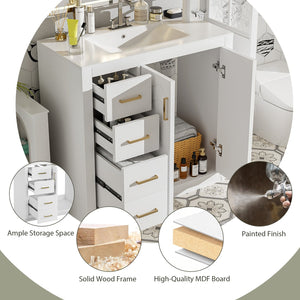 English Elm 36'' Bathroom Vanity with Ceramic Sink Combo, Solid Wood Frame, Soft-Close Drawers and Stylish Retro Groove Design White N710P291684K