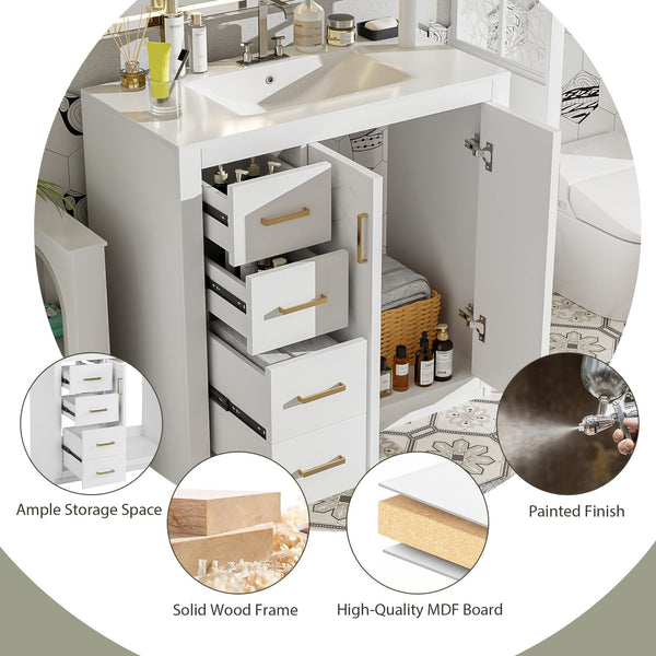 English Elm 36'' Bathroom Vanity with Ceramic Sink Combo, Solid Wood Frame, Soft-Close Drawers and Stylish Retro Groove Design White N710P291684K
