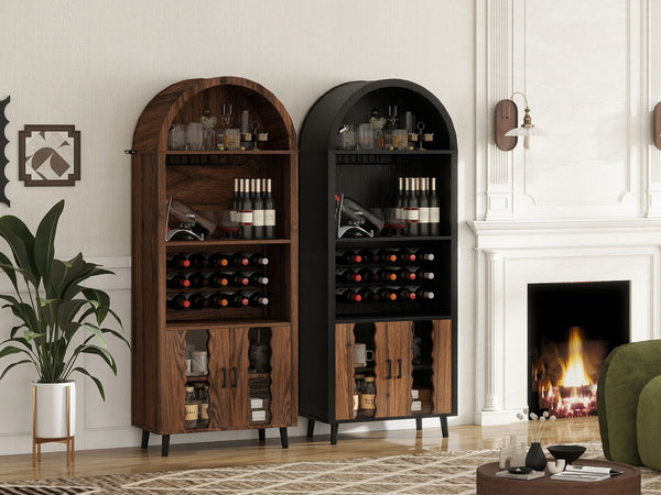 English Elm 71"Farmhouse Arched Wine Bar Cabinet with 15 Bottle Racks, 16 Glass Holders, Anti-Tip Safety for Living/Dining Black+Natural W2977P338242