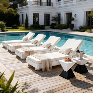 English Elm Modern Acacia Wood Outdoor Chaise Lounge Slatted Reclining Poolside Sun Chair Cream,White N770P281696W_N770P208317C