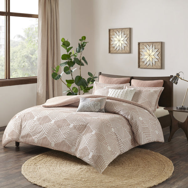 English Elm Full/Queen Ellipse Cotton Jacquard Duvet Cover Set Blush Geometric Textured Reversible, OEKO‑TEX Certified B035129133