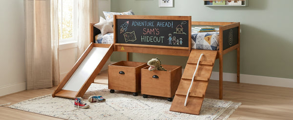 English Elm Twin Kids Loft Bed Solid Pine Frame with Slide Chalkboard and Climbing Rope Play Zone Natural N708P340493D