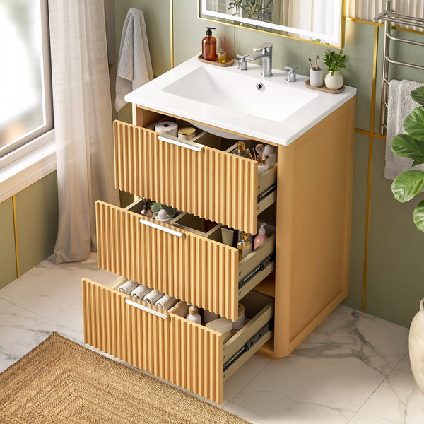 English Elm 24'' Vintage Bathroom Vanity with Ceramic Sink Soft Close Drawers Open Shelf N710P411251P