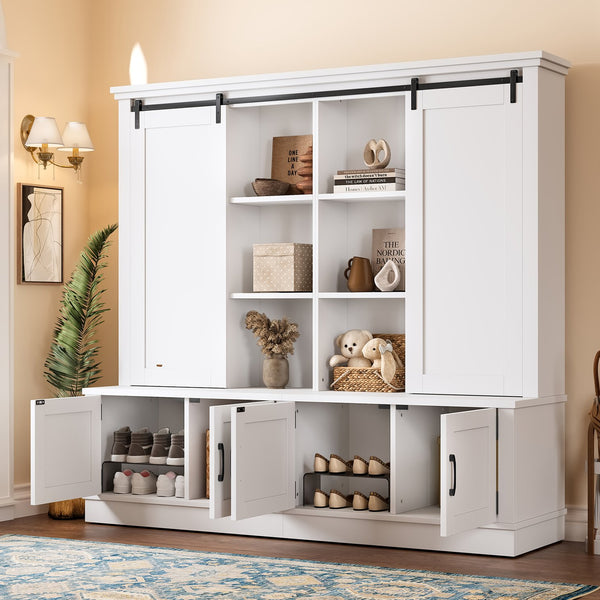 English Elm The Industrial Barn Door Entryway Cabinet with Sliding Rails and 12 Storage Compartments White W1580S00271